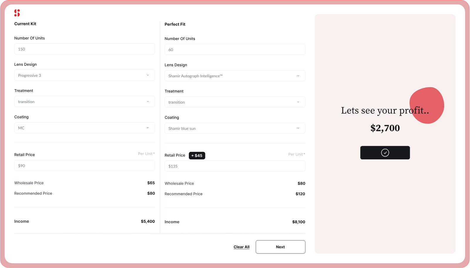 Lens profit calculator — sales agent tool