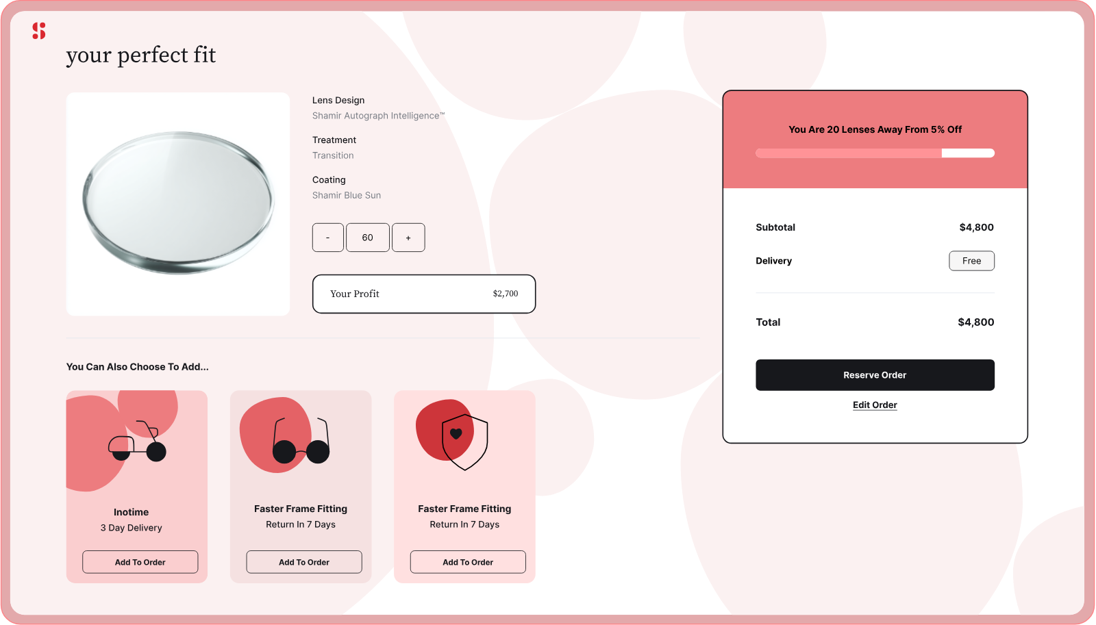 Your perfect fit — shopping bag screen with upsells